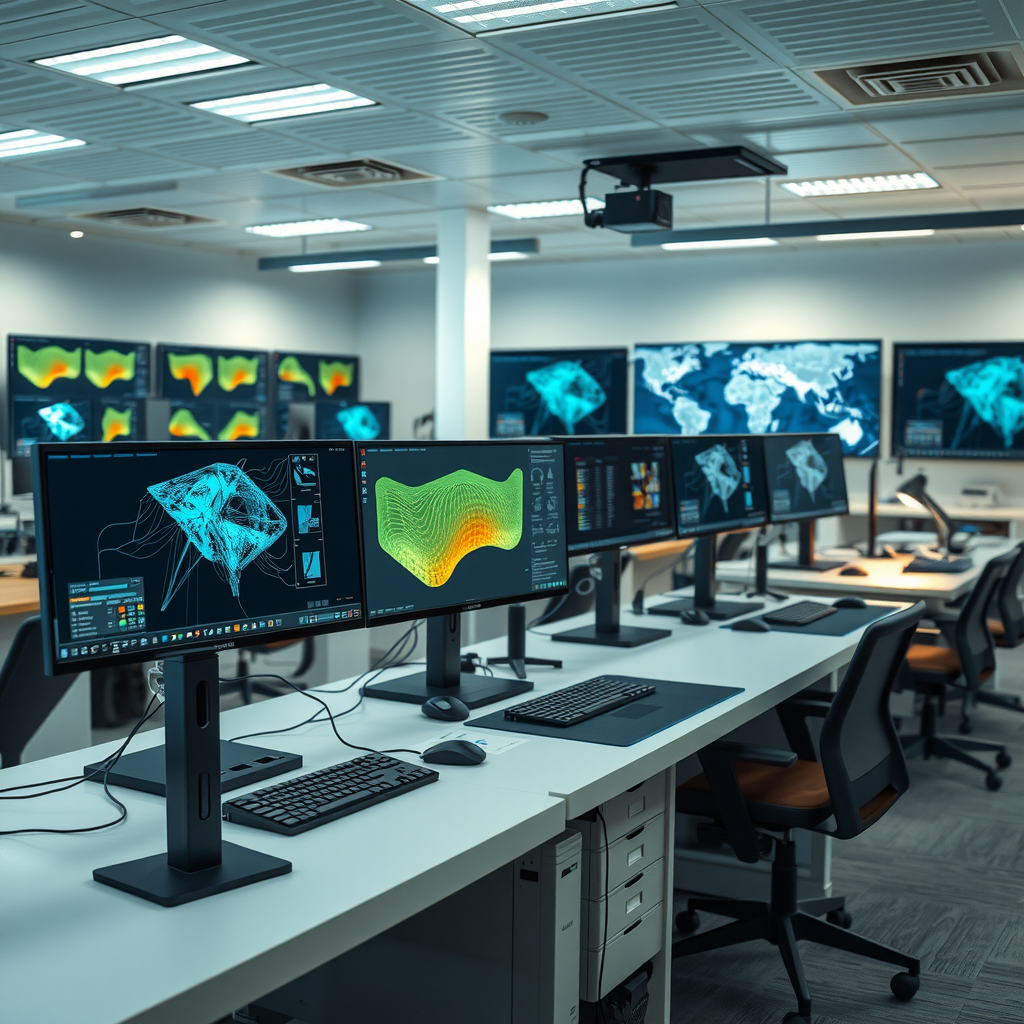 Modern AI research laboratory with multiple computer monitors showing stable diffusion video generation models, neural network visualizations, and collaborative workspace environment