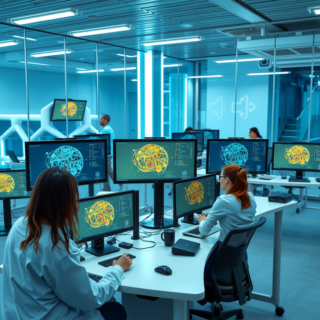 Modern AI research laboratory with multiple monitors displaying video generation models, researchers collaborating around workstations with neural network visualizations, transparent glass walls, futuristic blue lighting, professional academic setting