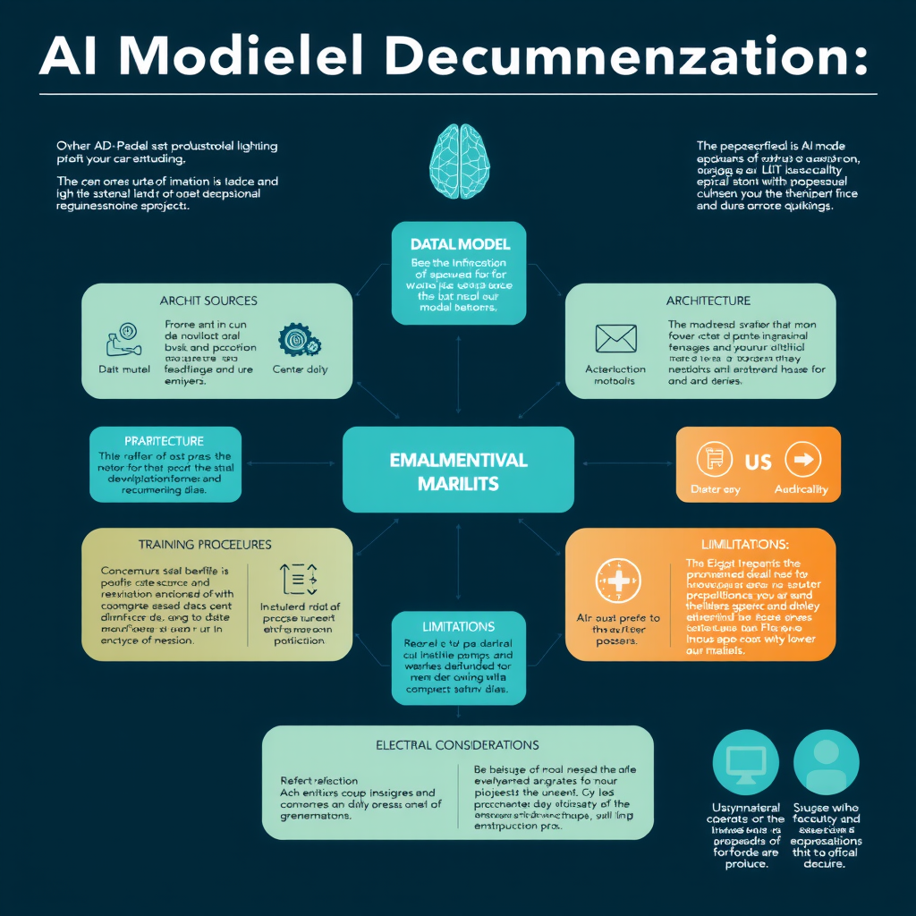 Detailed infographic showing comprehensive AI model documentation framework with interconnected sections for data sources, architecture details, training procedures, evaluation metrics, limitations, and ethical considerations, displayed on dark blue background with electric teal connecting lines and icons