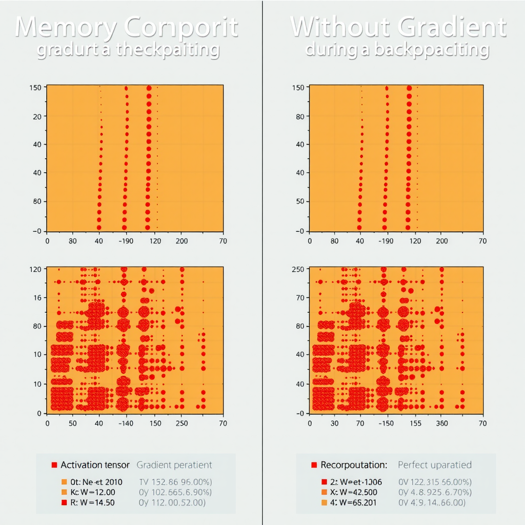 Side-by-side comparison of memory usage patterns with and without gradient checkpointing, showing activation tensor lifecycle and recomputation phases during backpropagation
