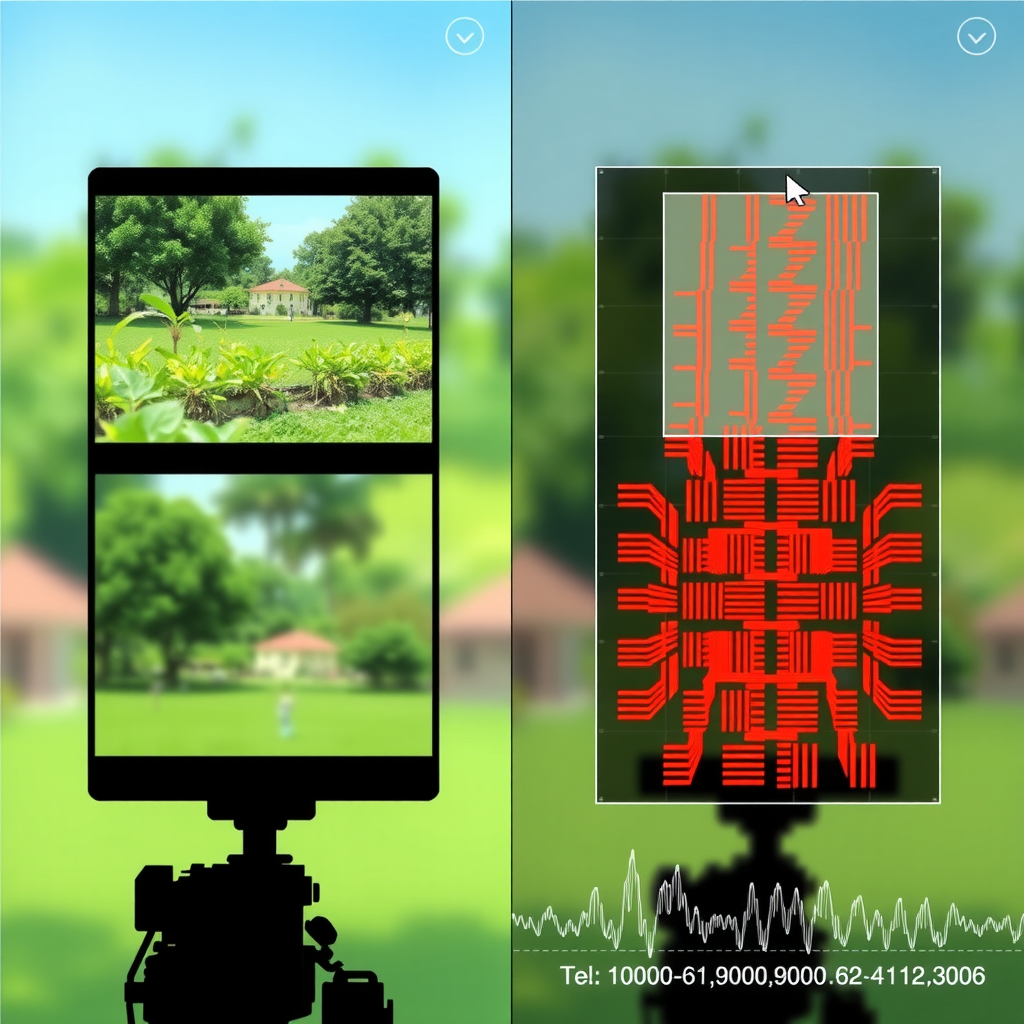 Split-screen visualization showing original generated video frame on left and watermark detection analysis on right, with highlighted regions indicating embedded watermark patterns, technical overlay graphics showing frequency analysis, professional technical illustration style