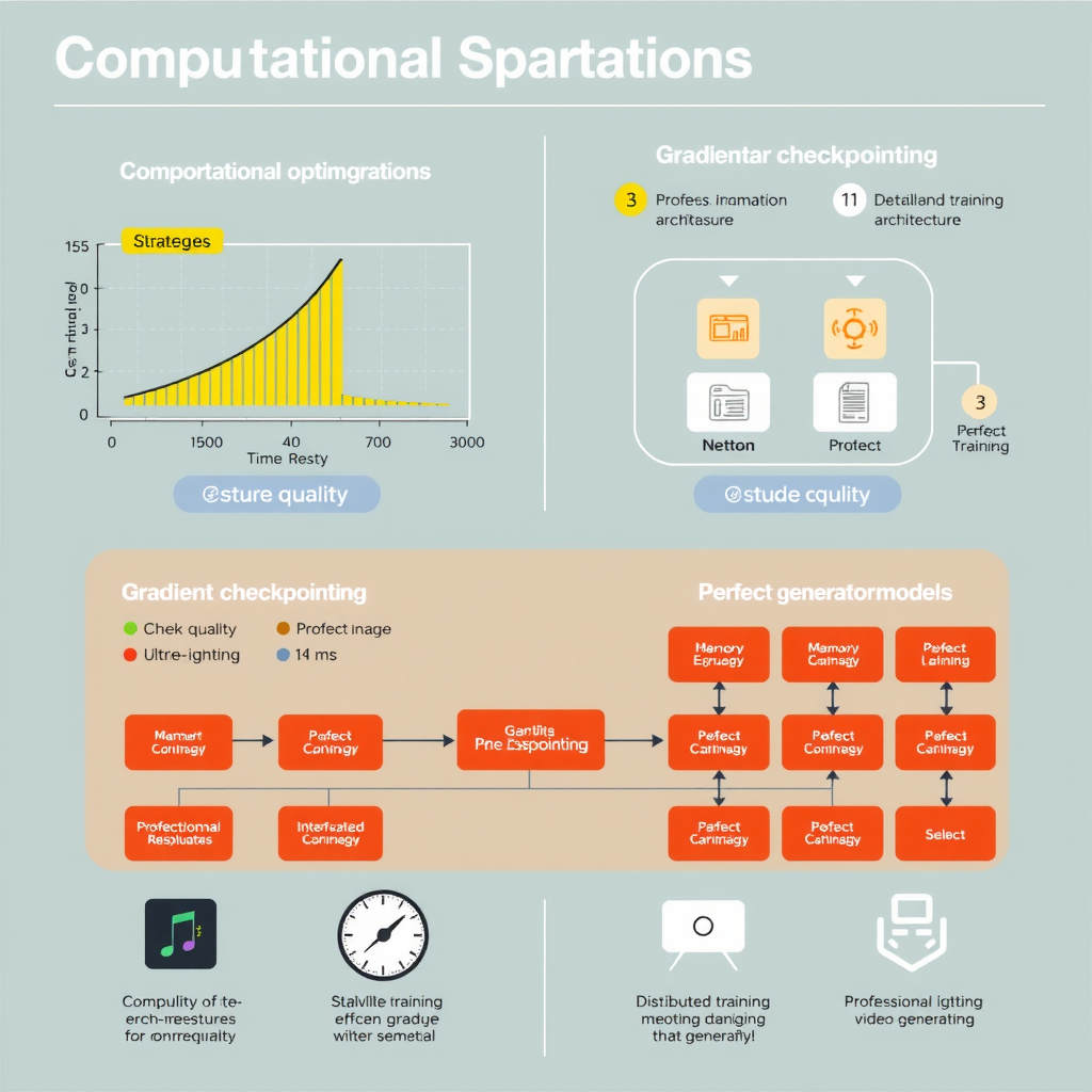 Infographic displaying computational optimization strategies including memory management diagrams, gradient checkpointing flowcharts, and distributed training architecture for video generation models