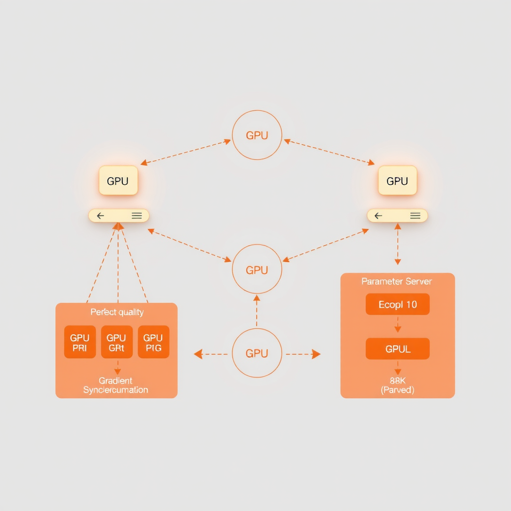 Network topology diagram illustrating data parallel training setup with gradient accumulation, showing GPU interconnects, gradient synchronization patterns, and parameter server architecture