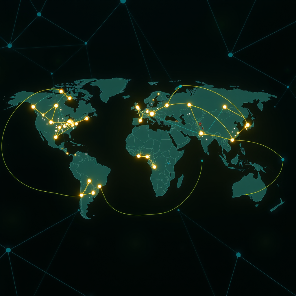 World map visualization showing interconnected nodes representing global research institutions collaborating on AI video generation, with glowing connection lines between continents, data flow animations, collaborative network topology, futuristic interface design with electric teal accents