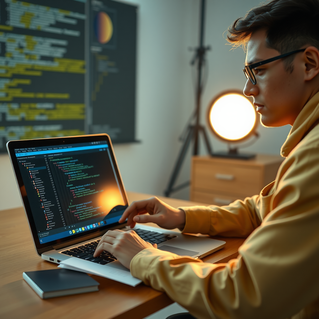 University student researcher working on AI video generation project with laptop showing stable diffusion code and research papers