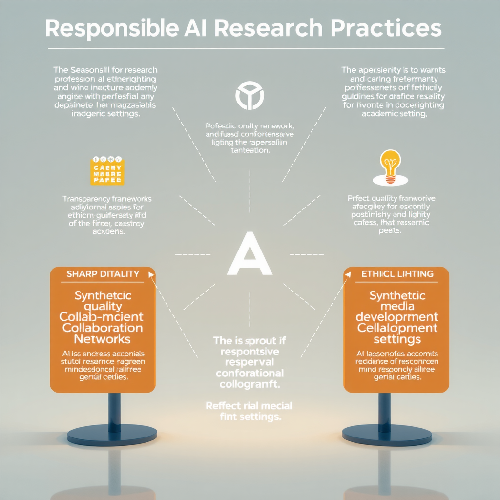 Conceptual illustration of responsible AI research practices showing transparency frameworks, collaboration networks, and ethical guidelines for synthetic media development in academic settings