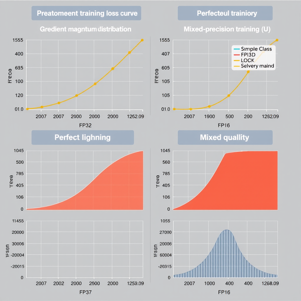 Comparative analysis charts showing training loss curves, gradient magnitude distributions, and memory usage patterns for FP32, FP16, and mixed-precision training configurations