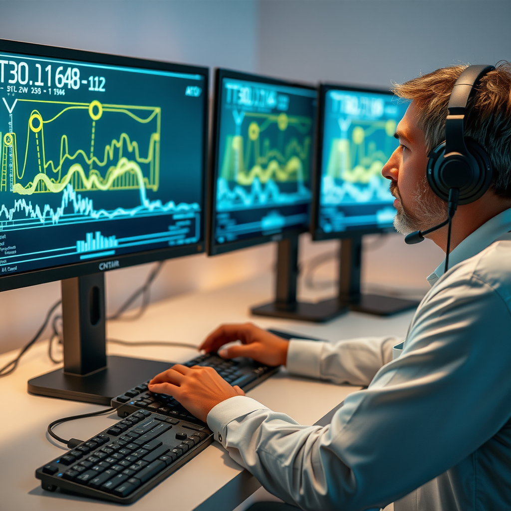 Professional AI researcher analyzing video generation results on multiple monitors, reviewing stable diffusion model outputs and performance metrics