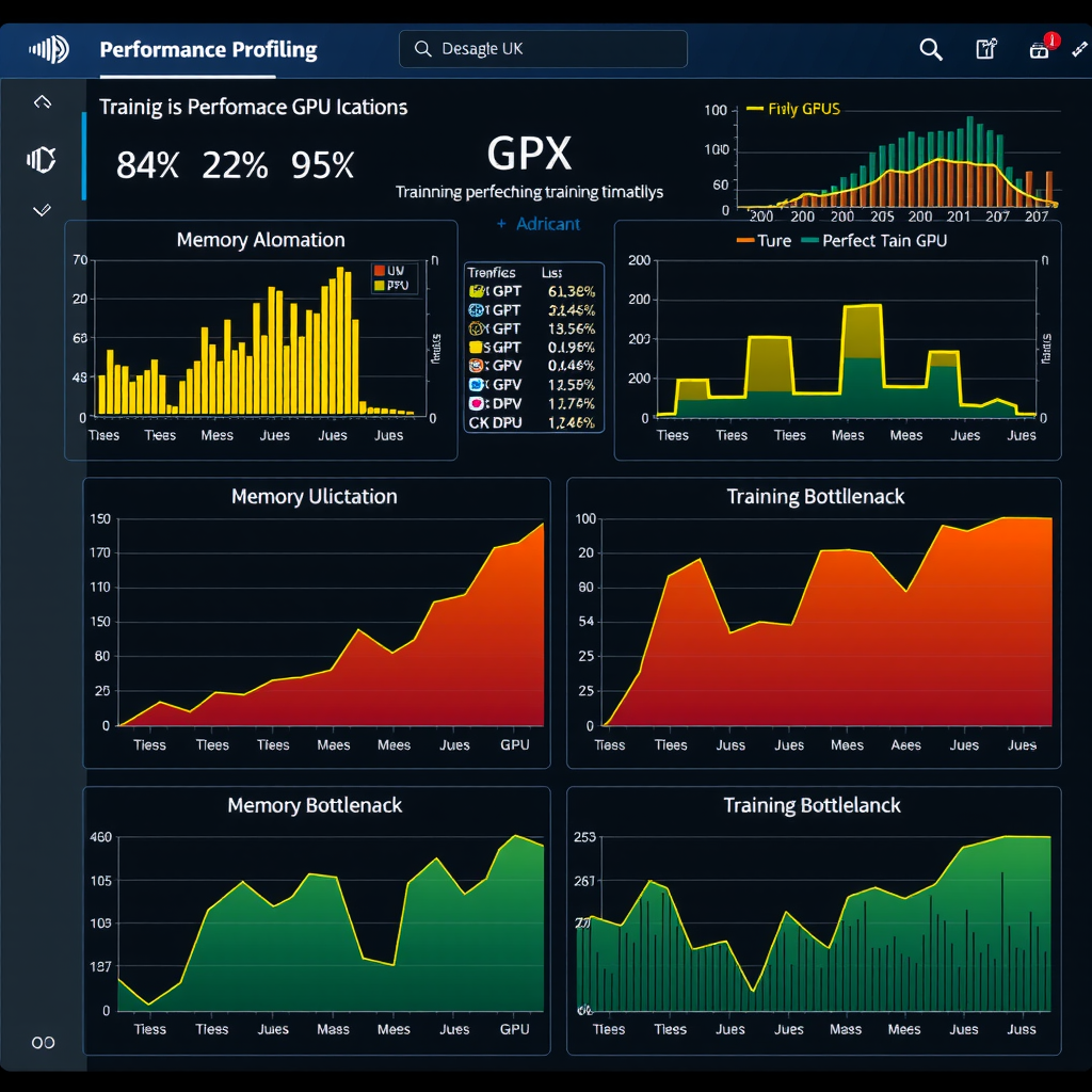 Comprehensive performance profiling dashboard showing GPU utilization graphs, memory allocation timelines, data loading bottleneck analysis, and training throughput metrics across multiple GPUs