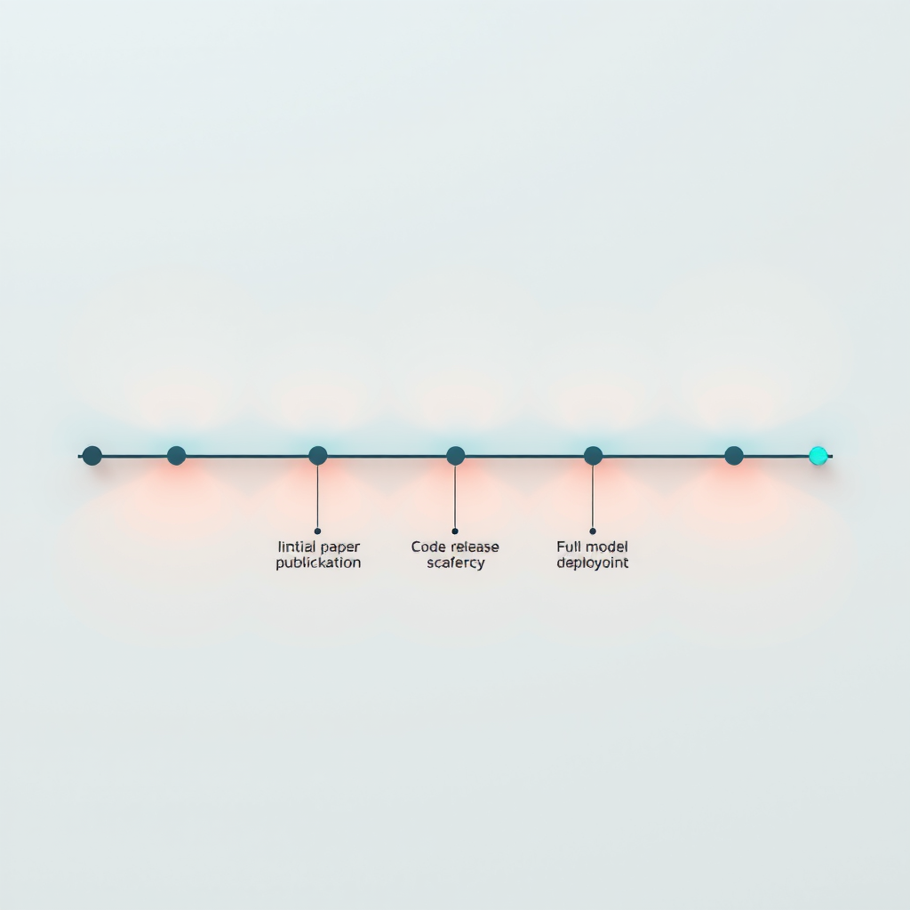 Horizontal timeline infographic showing staged release strategy for AI research outputs, with phases from initial paper publication through code release to full model deployment, including community feedback loops and safety checkpoints at each stage, modern minimalist design with electric teal progress indicators