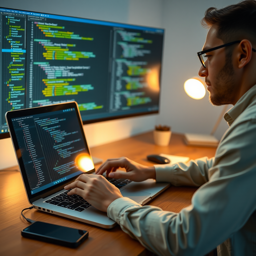 Software developer implementing video AI models, coding on laptop with IDE showing stable diffusion implementation and testing frameworks