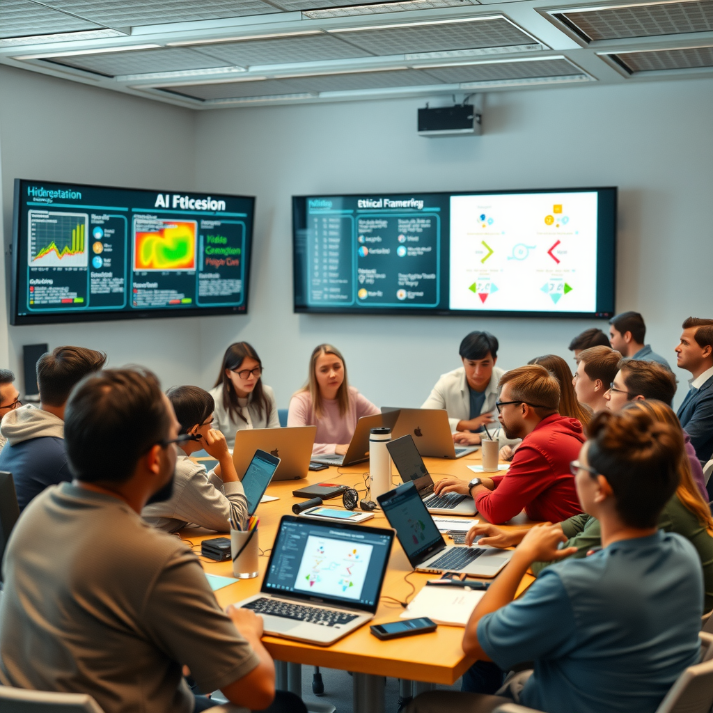 Diverse group of students and researchers in modern classroom setting participating in hands-on AI ethics workshop, with large displays showing video generation models and ethical framework diagrams, collaborative learning environment with laptops and discussion groups, bright engaged atmosphere